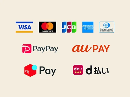 ご利用いただける決済サービスのロゴ一覧（Visa・Mastercard・JCB・American Express・Diners Club・PayPay・au PAY・メルペイ・d払い）